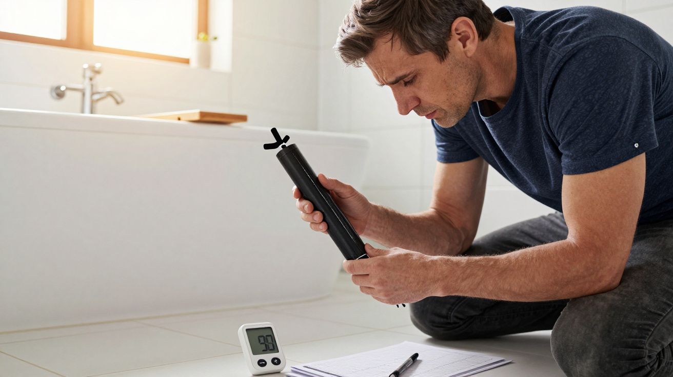 Man examining a caulking gun in a bathroom, crouching on a tiled floor near a bath and a digital thermometer.