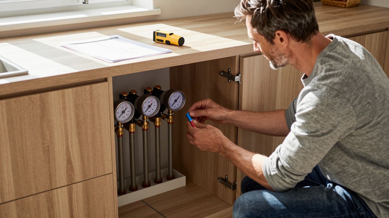 Man adjusting water pressure gauges under kitchen sink.