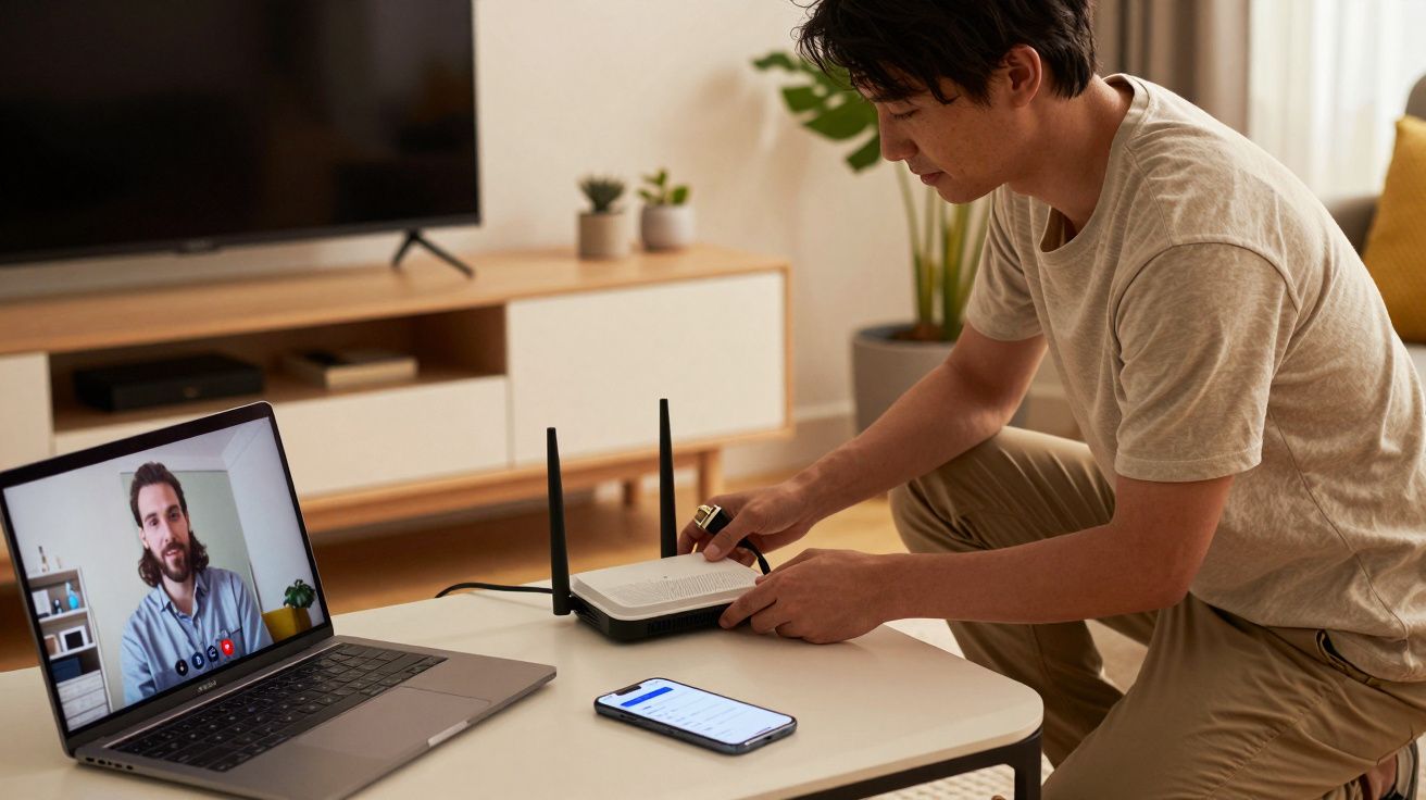 Man configuring a Wi-Fi router on a table, laptop with video call open, smartphone nearby in a modern living room.