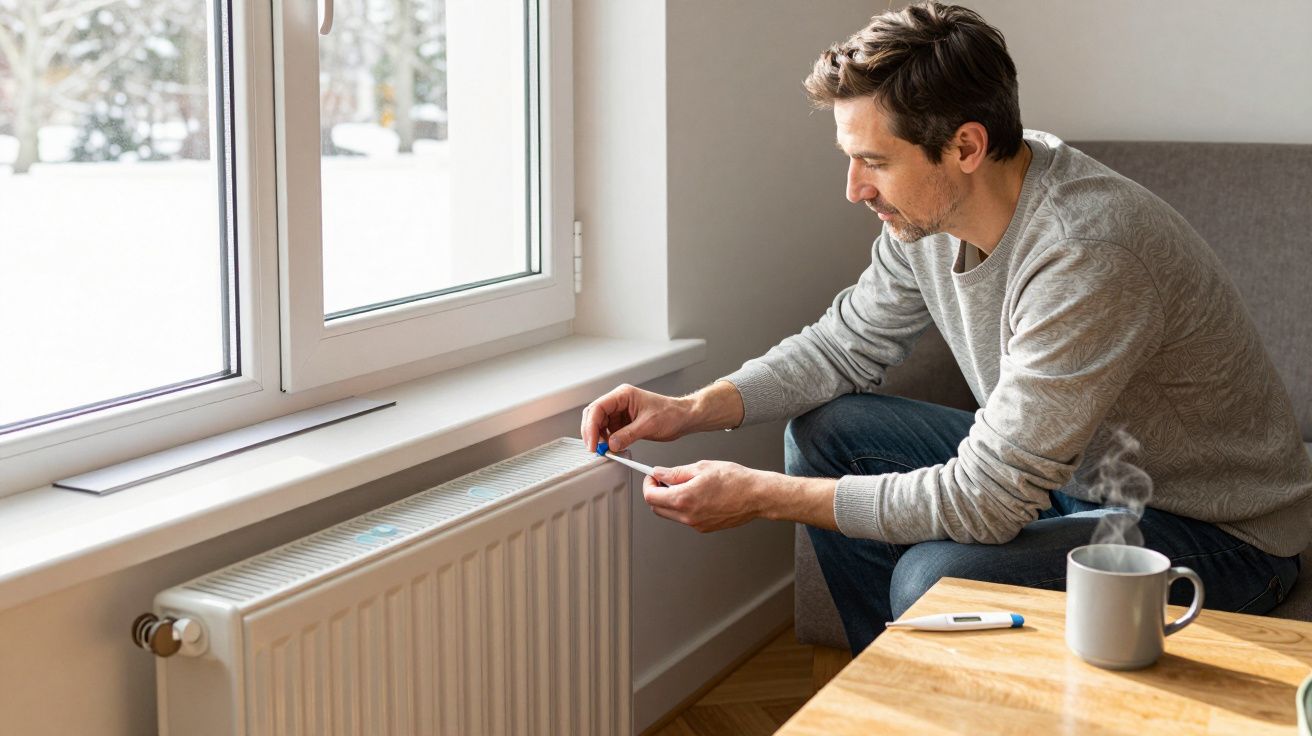 Man adjusting radiator thermostatic valve in living room with open window for air circulation, hot drink on table.