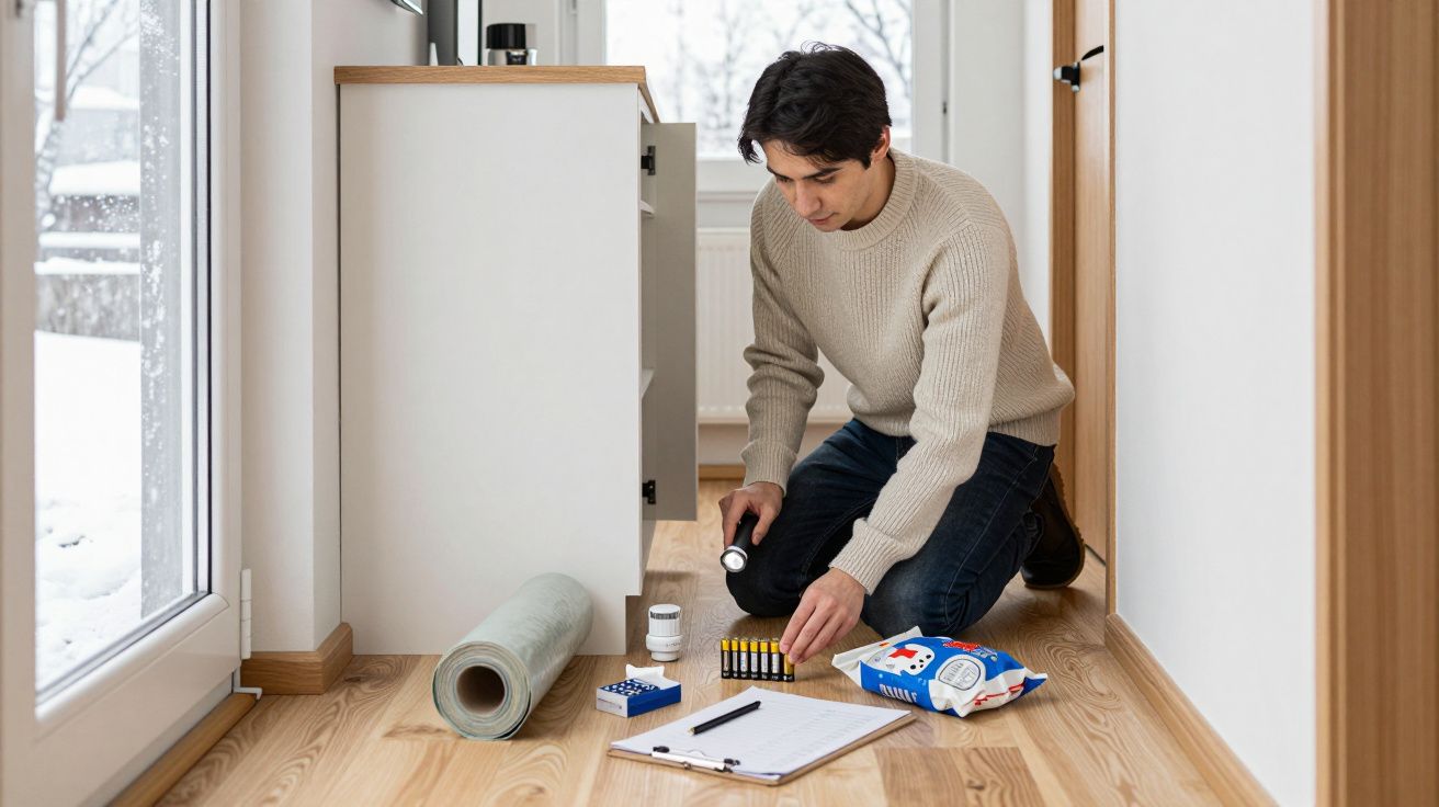 Man kneeling on wooden floor, inspecting items including a torch, batteries, and a clipboard, beside a cabinet in a bright ro